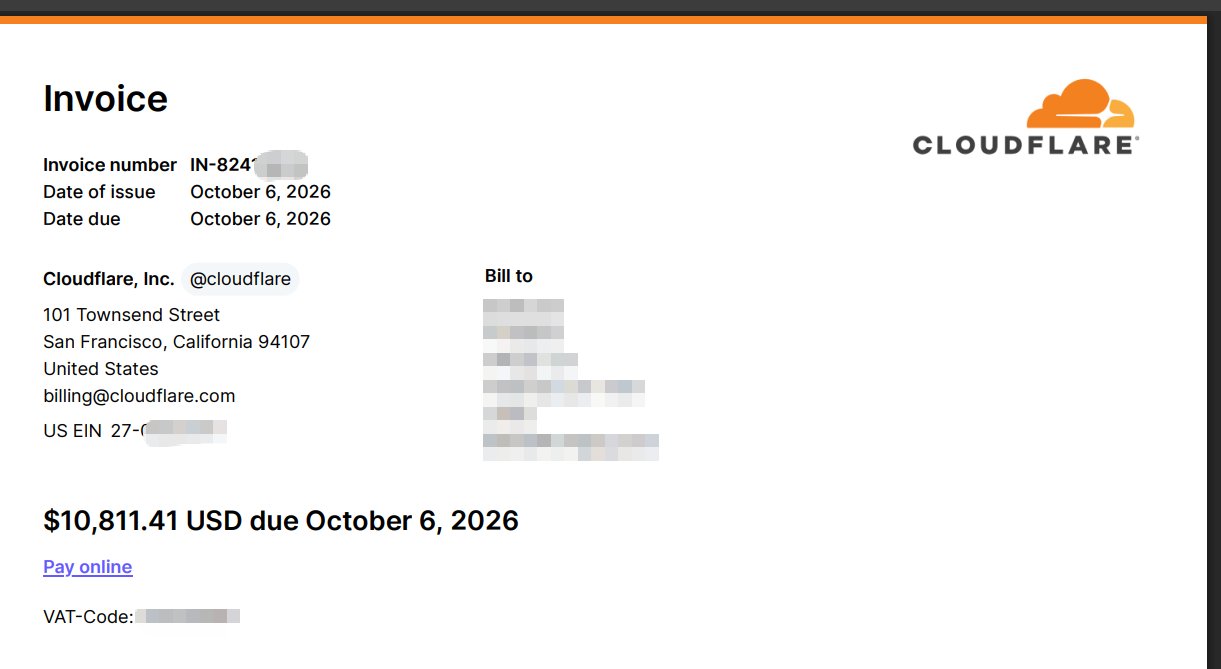 The Cloudflare invoice: $10,811.41 USD, issued and due 6 October 2026